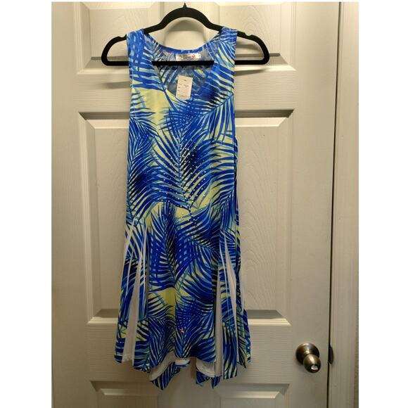 NWT India Boutique One Size Blue Palm Tree Embellished Asymmetric Hem Tank Dress - Picture 1 of 9